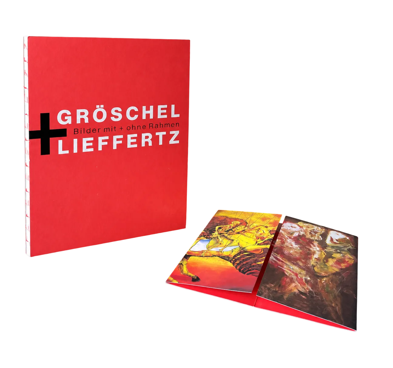 Ausstellungskatalog Gröschel und Lieffertz mit rotem Einband und geöffnetem Eröffnungsflyer