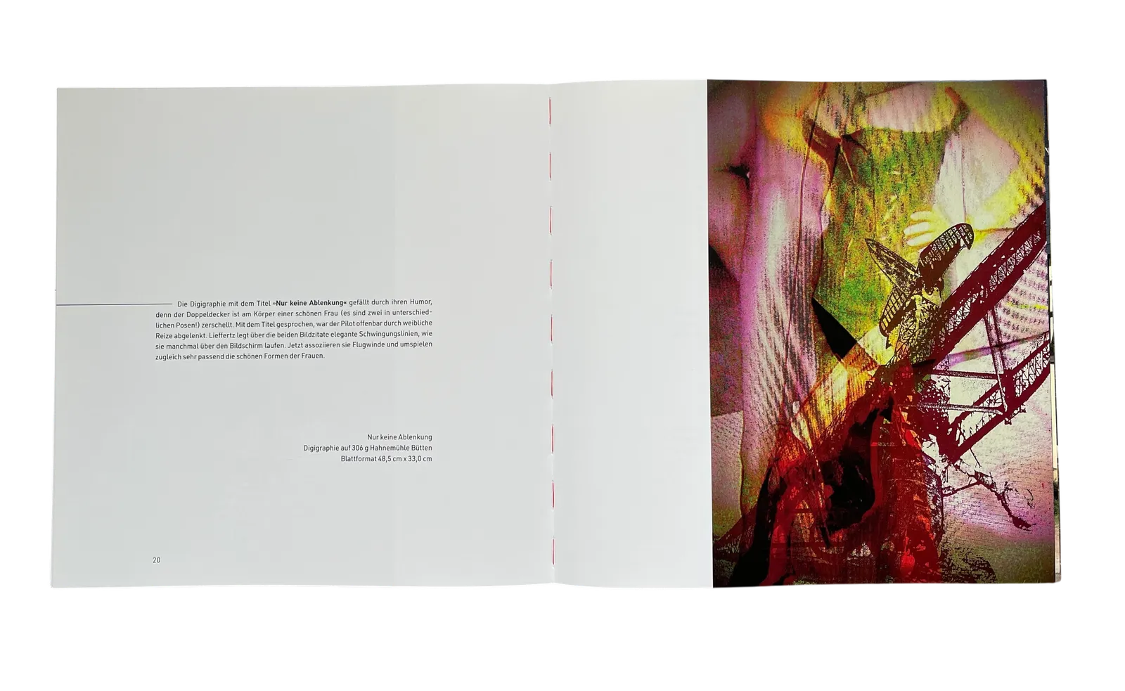 Geöffnete Doppelseite des Lieffertz-Katalogs mit Textseite, sichtbarer roter Fadenheftung und farbiger Digigraphie