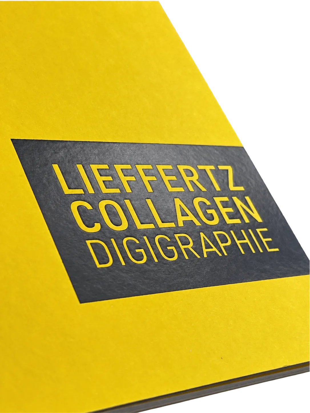 Detail des gelben Katalogumschlags mit schwarz geprägtem Schriftfeld Lieffertz Collagen Digigraphie